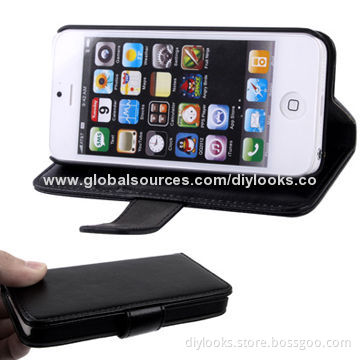 Litchi Texture PU Leather Case with Credit Card Slots & Holder for iPhone 5/5S (Black)